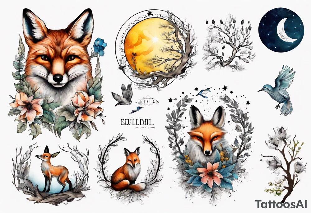 wasser sonne und mond fuchs eule kolibri wald hirsch blume des lebens 
baum berlin tattoo idea