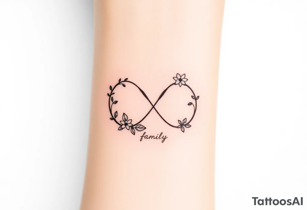 An infinity symbol including family sign made of intertwined vines, with delicate flowers blooming along its curves tattoo idea