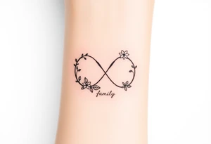 An infinity symbol including family sign made of intertwined vines, with delicate flowers blooming along its curves tattoo idea
