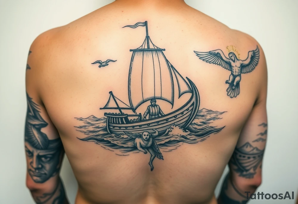 blend a viking sail boat, with the parabel of the fishermen in the sea with gods reaching down to save them, include jesus holding a lamb, include a valley of death and st michael the arch angel for a sleeve right arm man tattoo idea