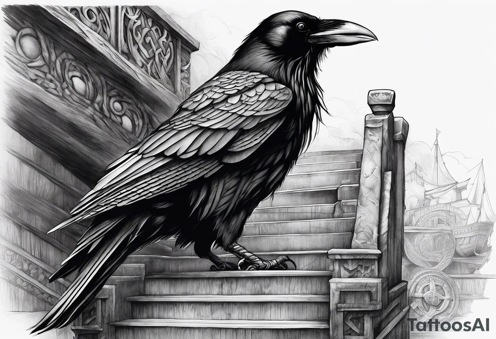 Raven, stairs to the valhalla, Vikings in the drakar. tattoo idea