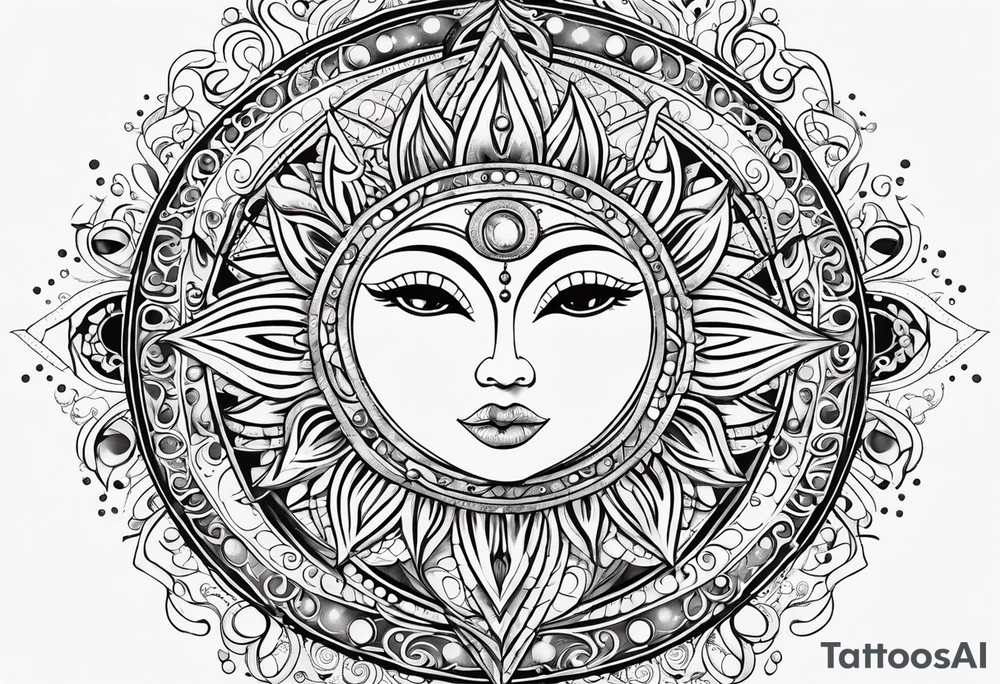Feminine alien Sun and moon. Freeform rectangular sternum swirls with dots and stars tattoo idea