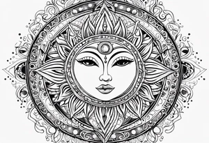 Feminine alien Sun and moon. Freeform rectangular sternum swirls with dots and stars tattoo idea