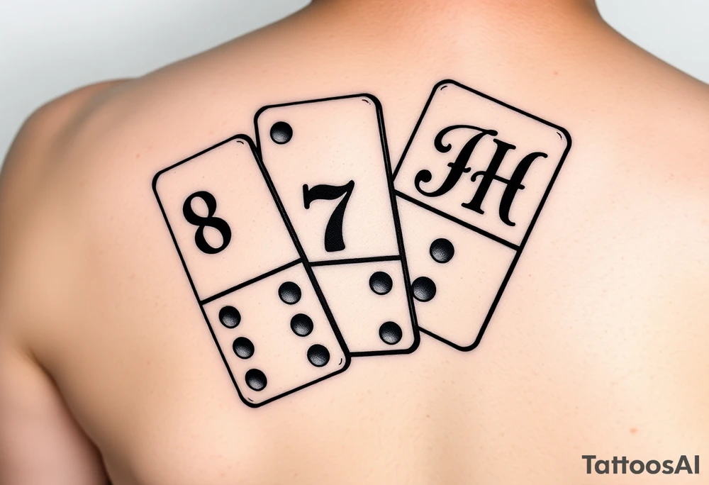 „Tattoo design of three domino tiles falling like in a domino chain, leaning against each other in motion. Realistic retro style, black and grey shading, not fine-line. The tiles show the numbers: one with 8 (4+4), one with 7 (4+3), and one with 6 (six dots on the bottom half). On the top half of the domino with 6, add the initials ‘JH’ in elegant retro lettering. Slightly worn, vintage realistic tattoo look.“ tattoo idea
