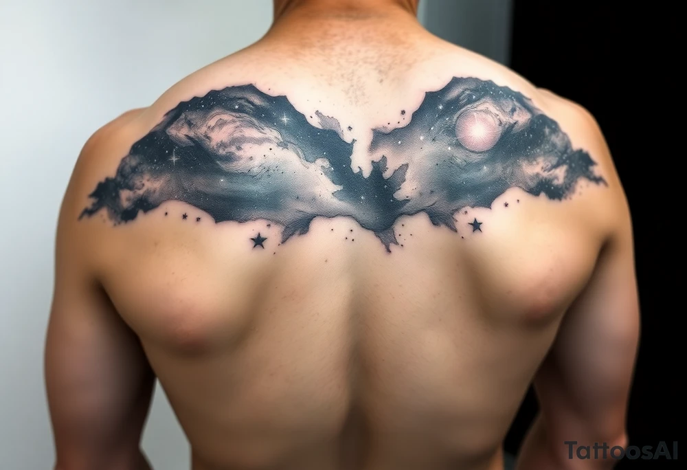 Beautiful and epic 3d milky way that appears to be what is beneath the skin. Make it drape over the shoulder and move to the middle back. use negative spaces to create stars and dust. Incorporate God breathing life into the universe. IKeep it symmetrical tattoo idea