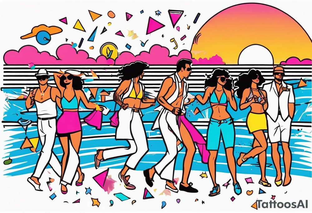 1980's miami vice style beach dance 
party, include confetti, music notes, boom box, bikinis sunset in the center tattoo idea