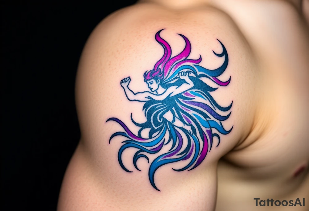 A Sagittarius figure engulfed in swirling cosmic energy, blending neon blue, purple, and magenta tones tattoo idea