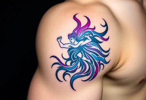 A Sagittarius figure engulfed in swirling cosmic energy, blending neon blue, purple, and magenta tones tattoo idea