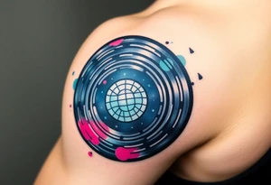 vinyl record with a smaller disco ball to the side of it tattoo idea