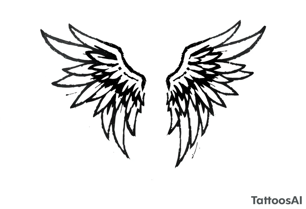 This tattoo design features a pair of asymmetrical angel wings drawn in black ink with a rough, sketch-like style. The left wing is darker, more defined, and appears denser, while the right wing is lighter, more delicate, and fragmented, creating a contrast between the two. The feathers are sharp and irregular, with fine lines and stray strokes extending outward, adding a raw and artistic feel. The overall look is dynamic and slightly chaotic, giving the impression of movement or an unfinished, ethereal form. This design symbolizes duality, freedom, transformation, or even struggle, making it a meaningful and visually striking tattoo. tattoo idea