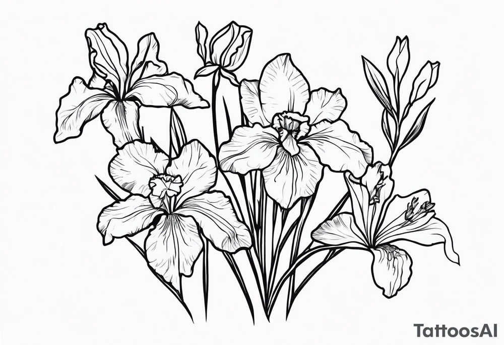 long simple tattoo style drawing of iris, daffodil, sweet peat and holly flowers tattoo idea