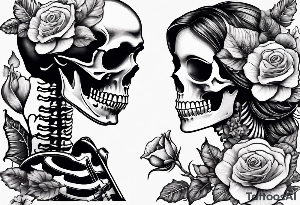 a female and male skeleton in love. The female has hibisucs flowers and the male is playing the guitar tattoo idea
