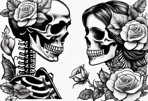 a female and male skeleton in love. The female has hibisucs flowers and the male is playing the guitar tattoo idea