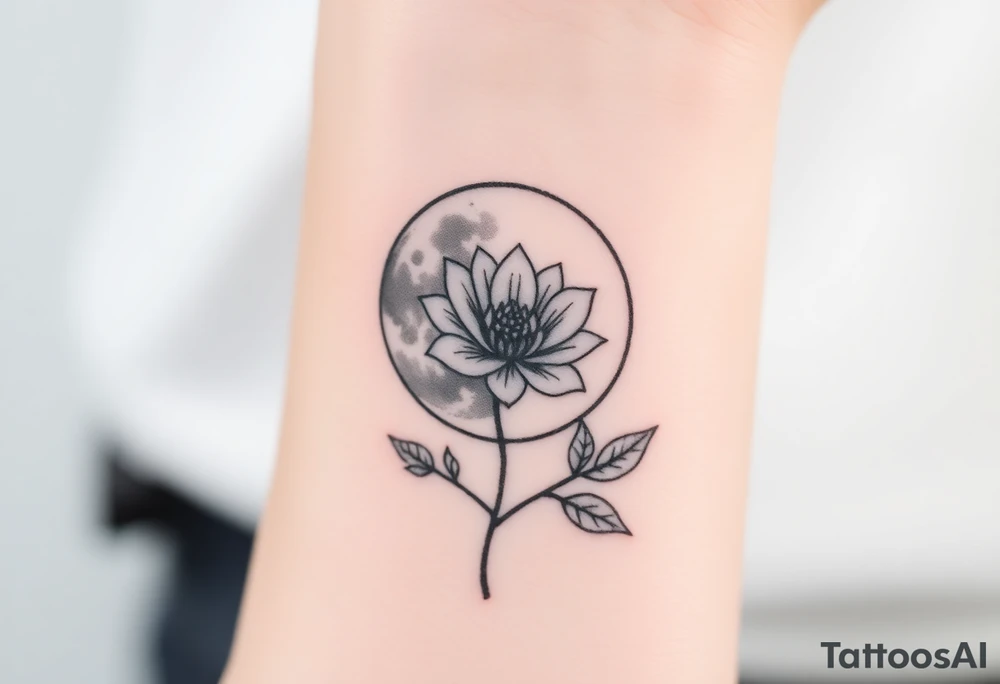Small black and white tattoo full moon with small chrysanthemum and tiny scorpio gliph inside moon tattoo idea