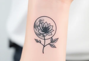 Small black and white tattoo full moon with small chrysanthemum and tiny scorpio gliph inside moon tattoo idea
