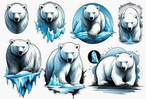 arm tattoo of polar bear and ice berg and relevant nature make colors primary black and white with a little blue tattoo idea