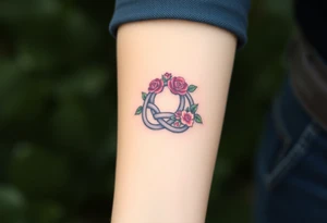 Celtic Trinity knot with a flower crown going through it made out of tiny maroon and blush pink colored roses tattoo idea