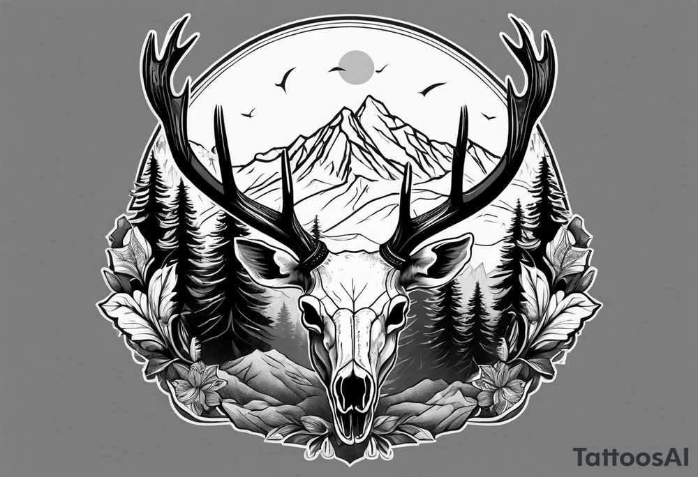 elk skull with mountains and trees tattoo idea