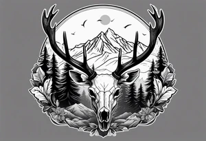 elk skull with mountains and trees tattoo idea