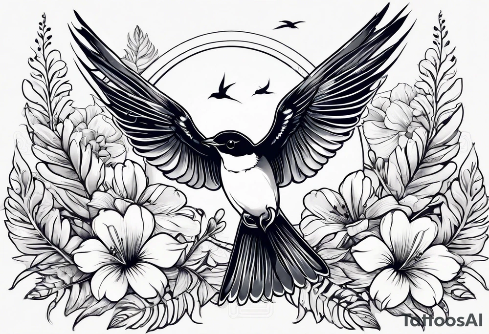 Swallow birds and floral background with ferns tattoo idea