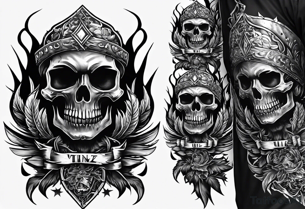 Un crâne assez hardcore avec une iroquoise sur le crâne style punk/métal avec des flammes derrière et avec 2 os qui forment une croix tattoo idea Un crâne assez hardcore avec une iroquoise sur le crâne style punk/métal avec des flammes derrière et avec 2 os qui forment une croix tattoo idea