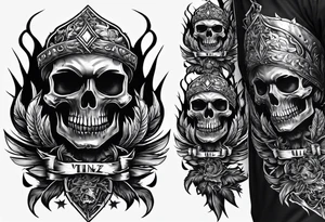 Un crâne assez hardcore avec une iroquoise sur le crâne style punk/métal avec des flammes derrière et avec 2 os qui forment une croix tattoo idea