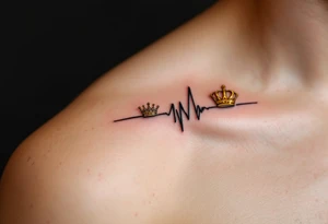 A matching heartbeat line ending in a tiny gold crown for the king and silver tiara for the queen. tattoo idea