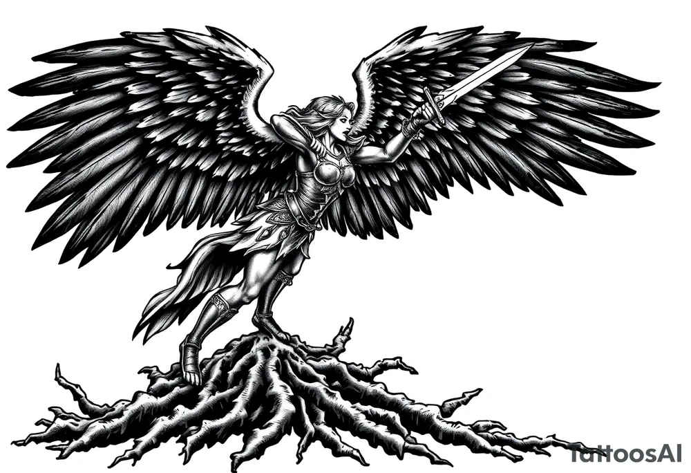 A fierce looking Valkyrie with very big dark wings. The whole body with legs should be visible.
She has armor.
She is flying towards the right, sword held high

She is screaming.
She is standing on roots tattoo idea