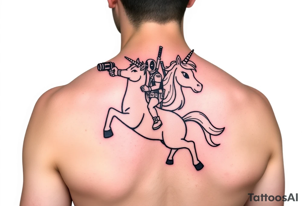 Deadpool riding unicorn pointing rocket propelled grenade launcher tattoo idea