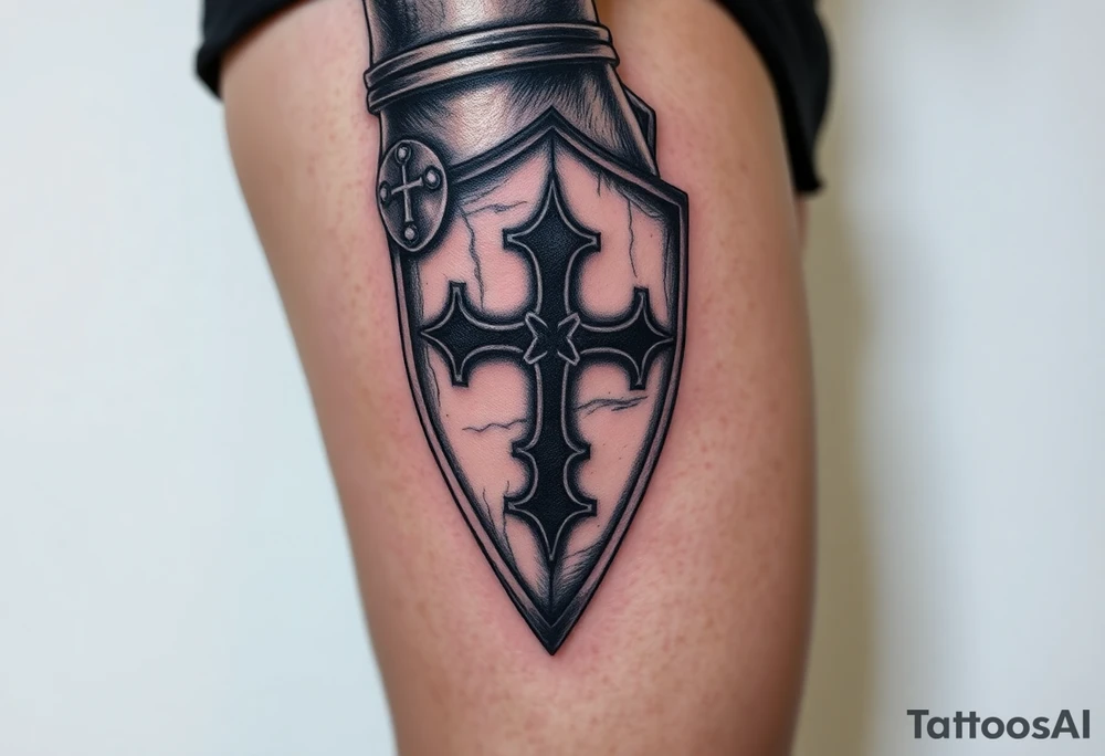 A knight’s gauntlet gripping a shield engraved with the Templar cross tattoo idea