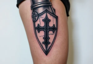 A knight’s gauntlet gripping a shield engraved with the Templar cross tattoo idea