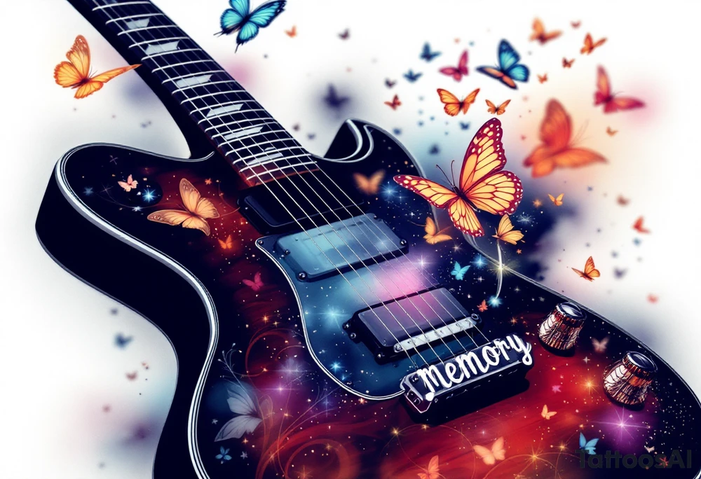 An electric guitar plugged into an amp with butterflies flying around it in memory of tattoo tattoo idea