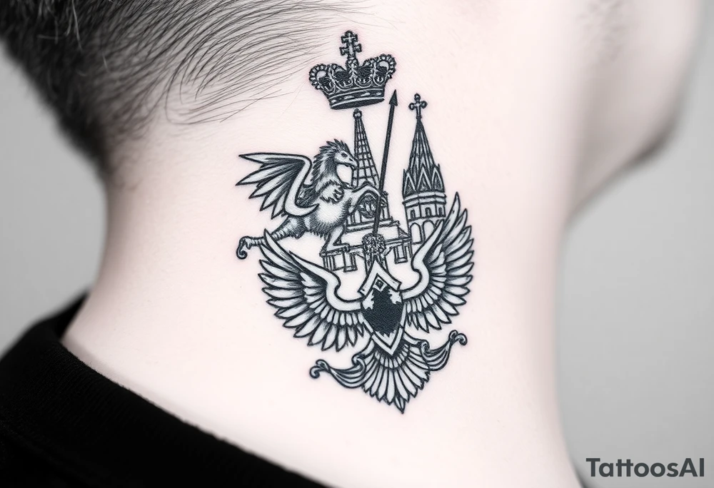 St. George slaying the dragon (hugely common in Russian Orthodox art)
Russian imperial crown above the eagle
Crossed swords or a Russian sabre
The Kremlin or St. Basil's Cathedral scene tattoo idea