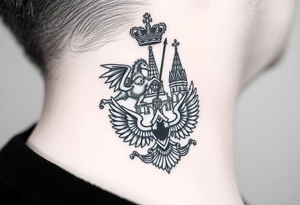 St. George slaying the dragon (hugely common in Russian Orthodox art)
Russian imperial crown above the eagle
Crossed swords or a Russian sabre
The Kremlin or St. Basil's Cathedral scene tattoo idea