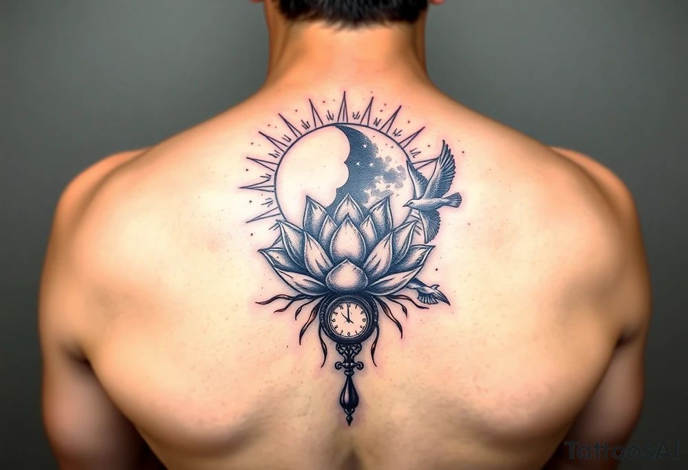 celestial sun and moon embrace with lotus flower in a hour glass that breaks into flying birds and a clock in background tattoo idea