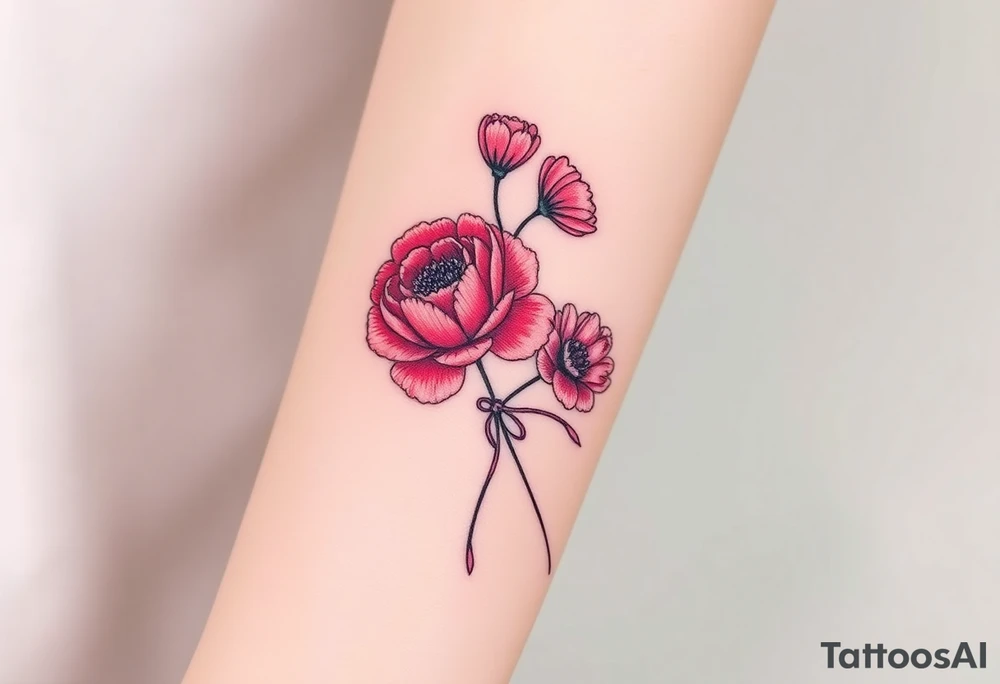 Pink peony deep red rose red poppy pink carnation outline tied with a ribbon tattoo idea