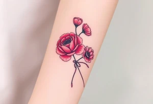 Pink peony deep red rose red poppy pink carnation outline tied with a ribbon tattoo idea