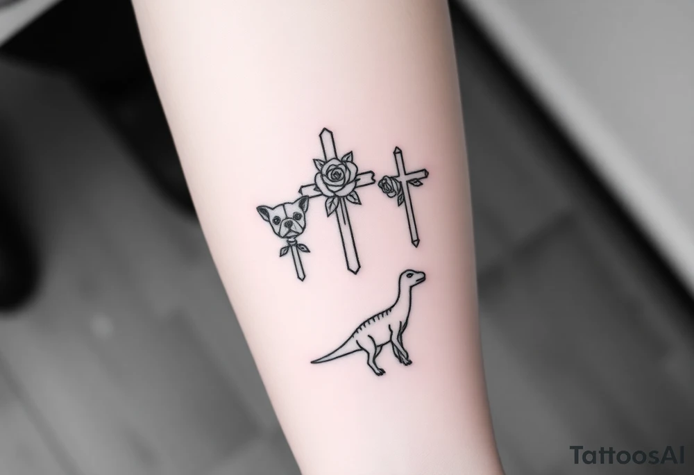 crosses with roses, bulldogs, paw print, dinosaur tattoo idea