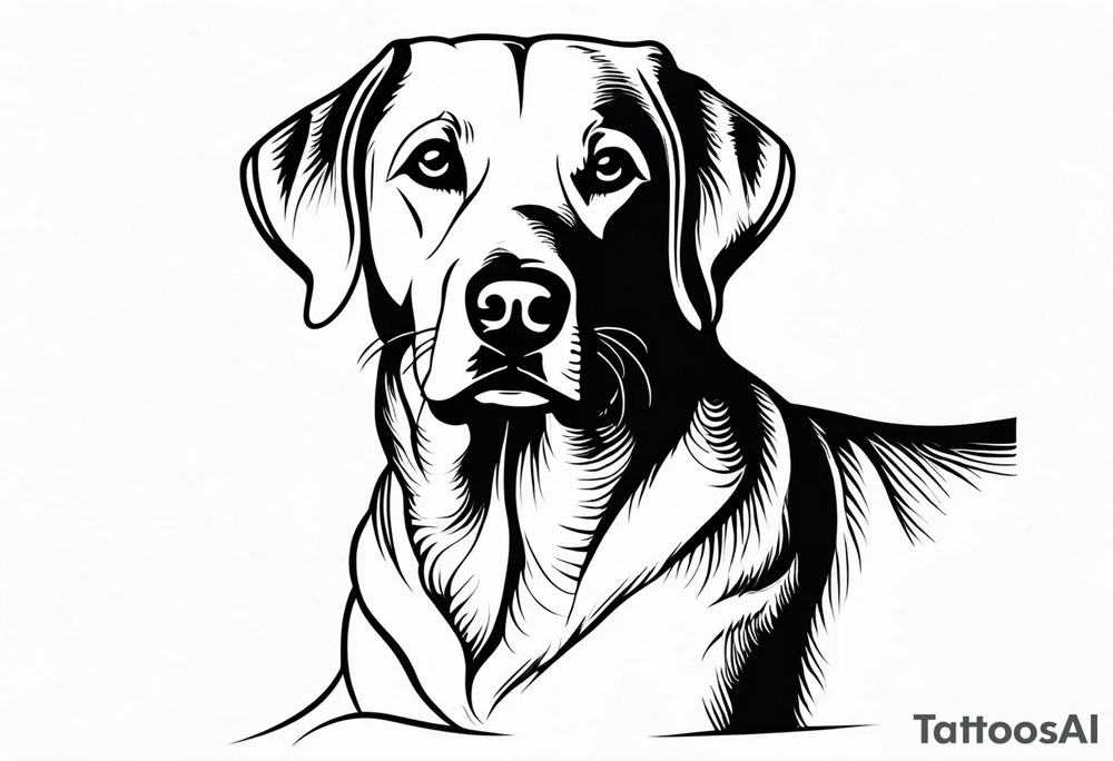 Generate a simple tattoo of a sitting Labrador Retriever, focusing on its friendly face and expressive eyes in a minimalist style tattoo idea