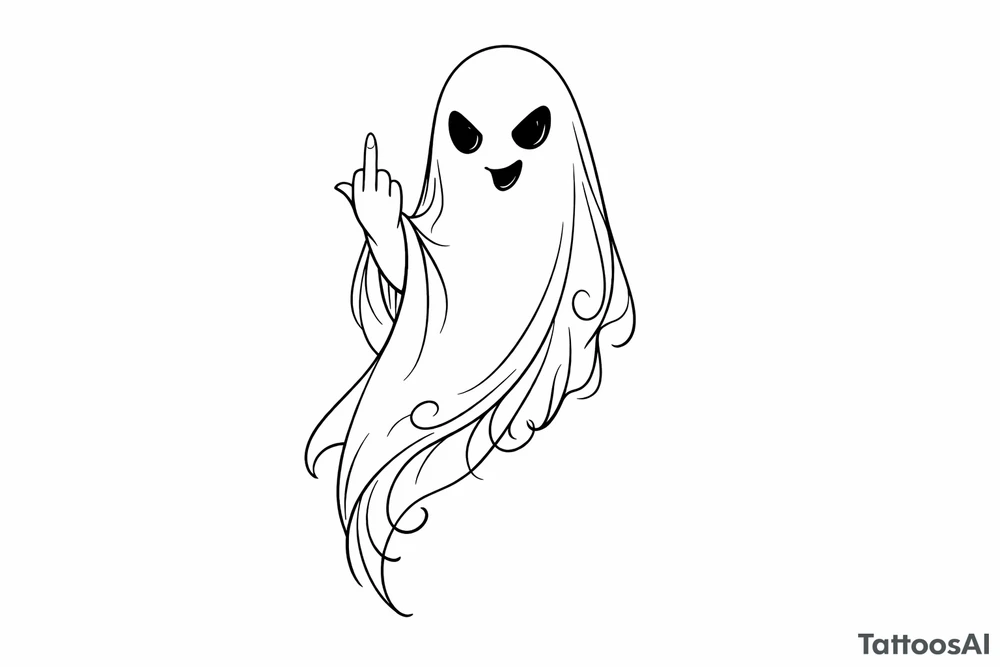 Minimalist line art ghost, cheekily raising middle finger, slender form. tattoo idea