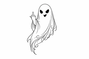 Minimalist line art ghost, cheekily raising middle finger, slender form. tattoo idea