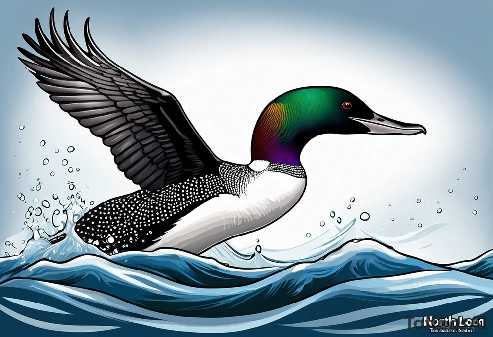 A North American common loon looking majestic as it spreads its wings in the water. On the mid-upper thigh. Don’t have a background. Make sure it is just the loon. The image should be face directly at the loon’s chest. tattoo idea