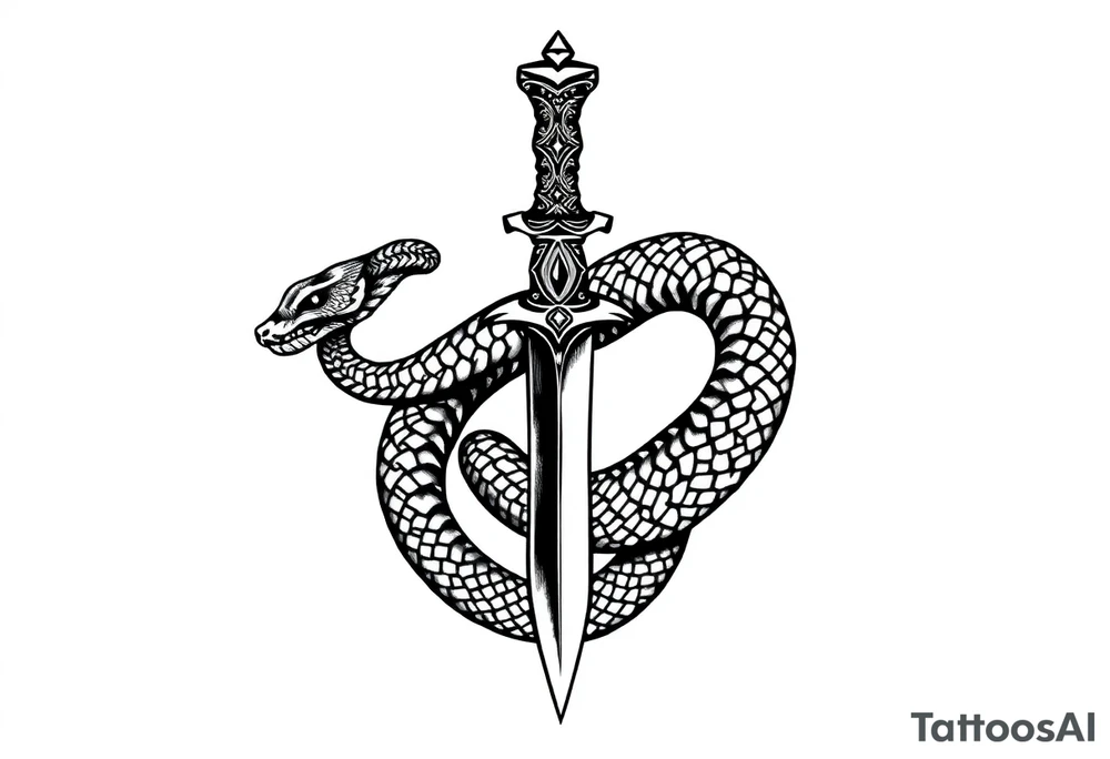 mystical snake coiled around an ancient dagger with jeweled hilt tattoo idea