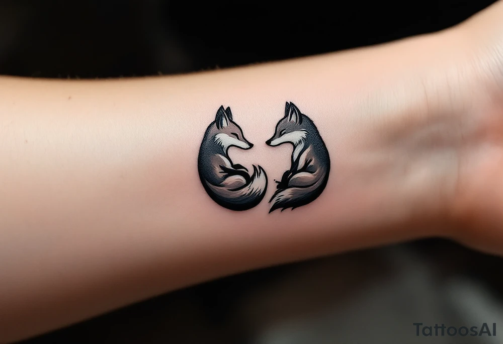 A black and white yin-yang formed by curled foxes on each partners wrist tattoo idea