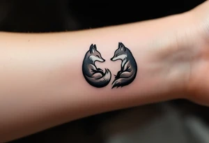 A black and white yin-yang formed by curled foxes on each partners wrist tattoo idea