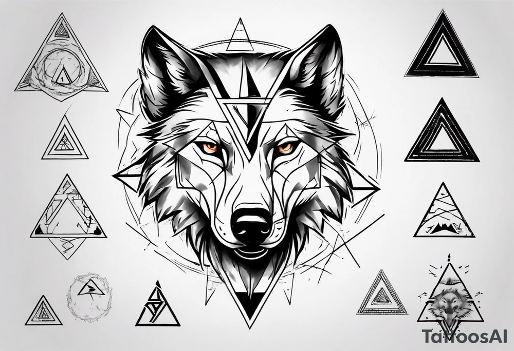 wolf head with triangle on the forehead and trangle in the background tattoo idea