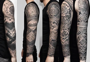 Sleeve tattoo, fine line, realistic, light and bold representing freedom, peace, happiness, family, friends, kindness, heritage, Denmark, Germany, tattoo idea