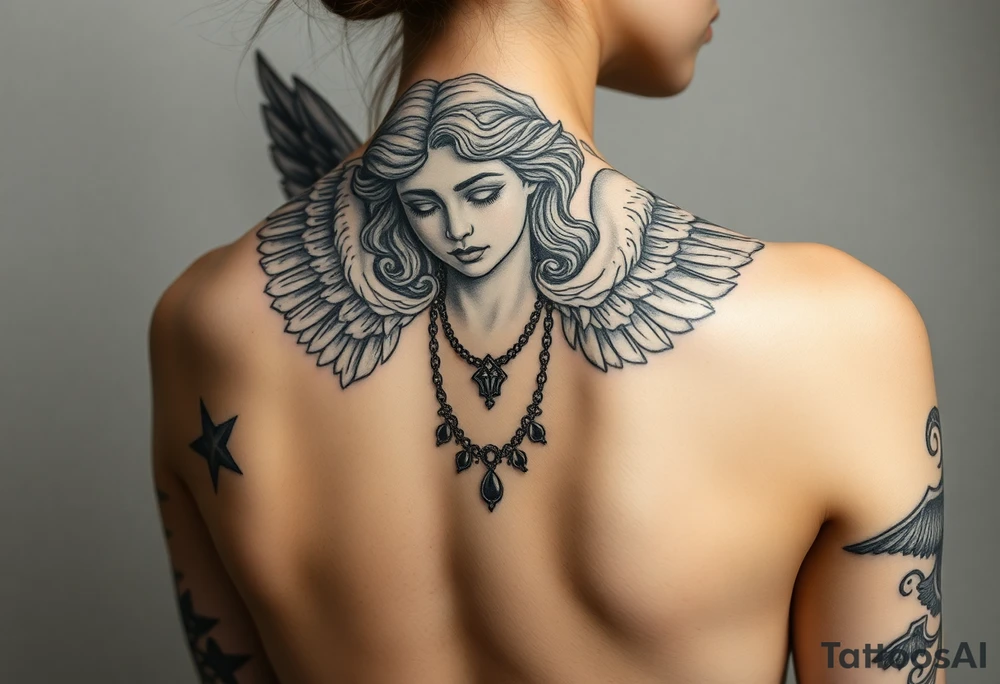 Create a statue of some angel, ruined with a corrupt criminal/thug style, tattoos, jewelry, gold necklaces. I would like this to be placed on the left arm. tattoo idea