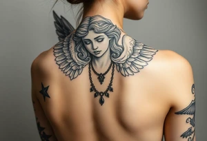 Create a statue of some angel, ruined with a corrupt criminal/thug style, tattoos, jewelry, gold necklaces. I would like this to be placed on the left arm. tattoo idea