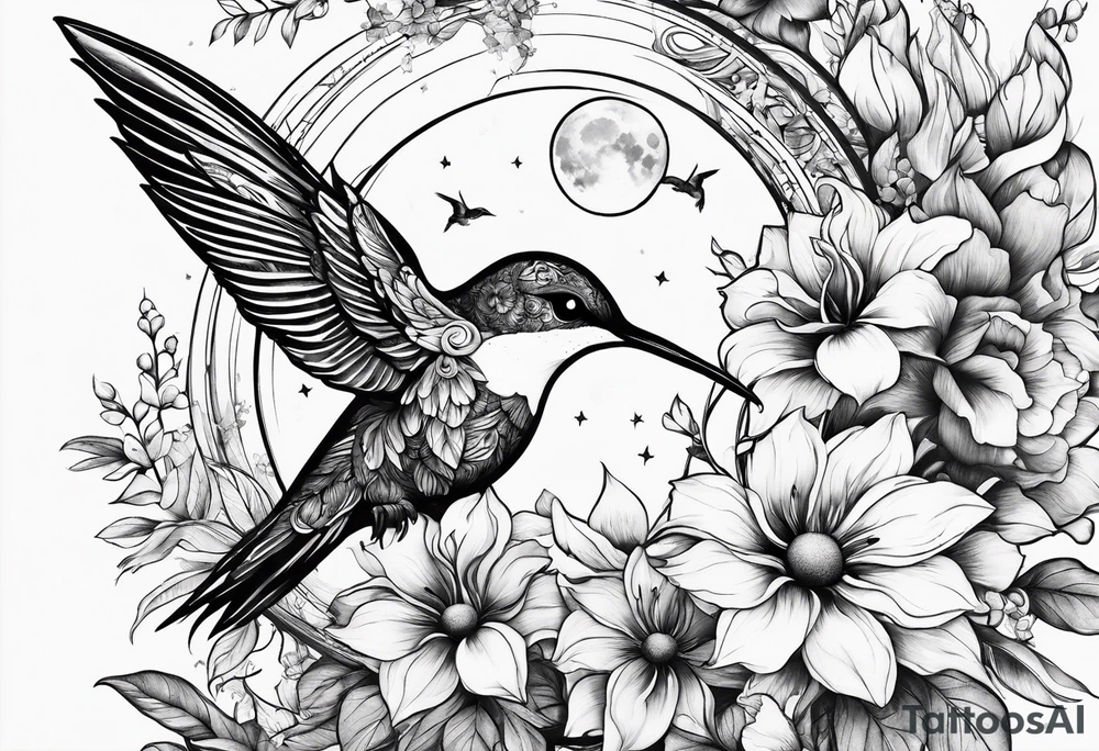 Floral sun and moon with hummingbird tattoo idea